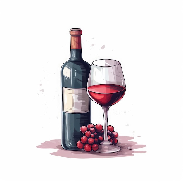 Vecteur vin rouge en bouteille de vin avec verre de vin et raisins