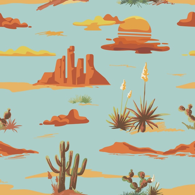 Vecteur vintage beau modèle d'illustration du désert sans soudure. paysage avec cactus, montagnes, fond de style vecteur coucher de soleil dessinés à la main