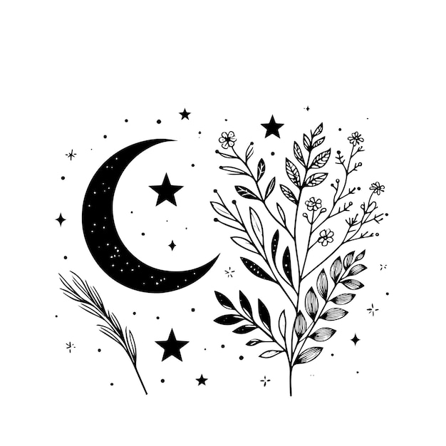 Vintage Boho Lune Avec Fleur Silhouette Illustration Vectorielle