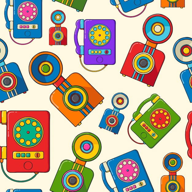 Vecteur vintage caméras et téléphones modèle sans couture dessiné de style pop art à la main