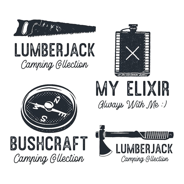 Vintage Camping Silhouette Badges Avec Citations Bûcheron Camp Collection Voyage Monochrome Emblèmes Randonnée Logo Designs Set Stock Graphiques Vectoriels