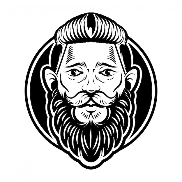 Vintage Graphique Personnalisé Gravure Hipster Visage Homme Barbier Viking Avec Grande Moustache De Barbe Noire Et Coiffure élégante. Illustration De Style Moderne. étiquette D'enseigne Rétro.