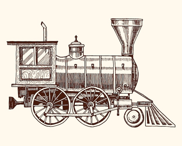 Vecteur vintage gravé, dessiné à la main, vieille locomotive ou train à vapeur sur le chemin de fer américain. transport rétro.