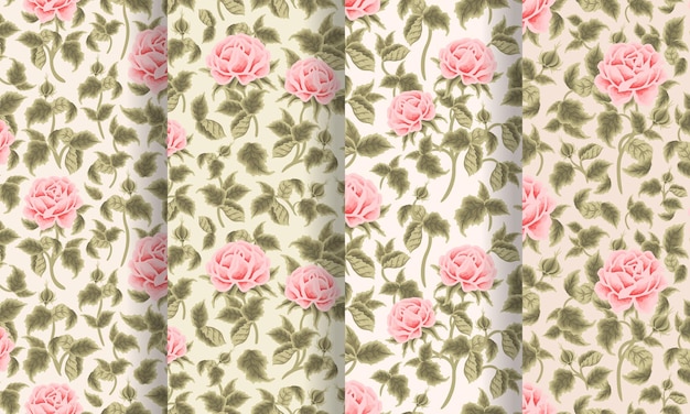 Vintage Hand Drawn Beautiful Peach Rose Flower Garden Seamless Pattern Set