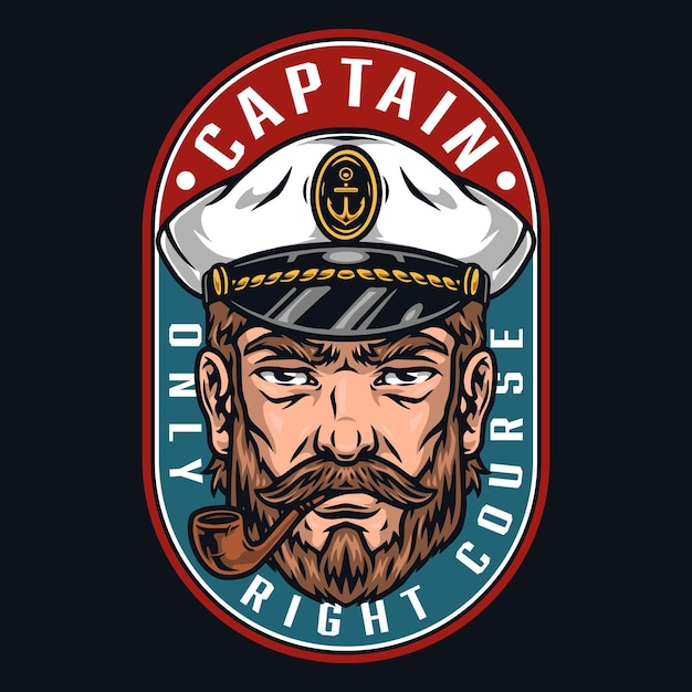 Vecteur vintage marin barbu fumant le logo marin de la pipe avec le capitaine de la marine en chapeau isolé illustration vectorielle