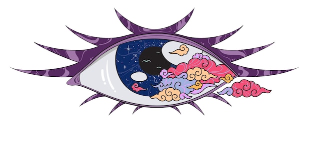 Vintage Retro Hipster Tattoo Style Purple Abstract Eye Avec Constellations Et Nuages Vector Digital