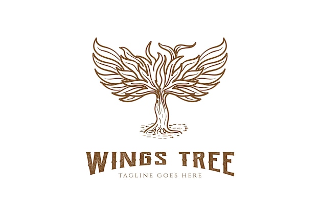 Vintage Retro Old Rustic Wings Tree Pour Tattoo Logo Design Vector