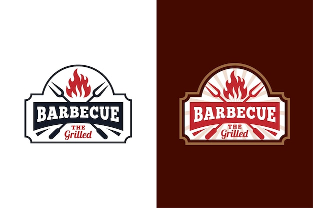 Vintage Retro Rustic Bbq Grilled Logo Hot Food Party Barbecue Barbecue Badge Timbre Logo Design Grill Et Bar Avec Feu