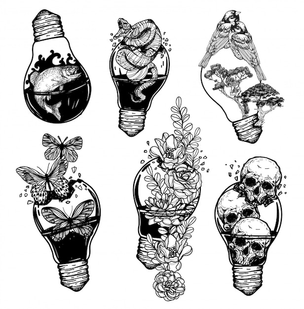 Vecteur vintage tatouage art ampoule qui contient diverses choses dessin à la main