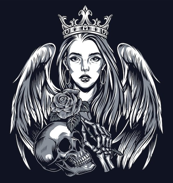 Vecteur vintage tatouage concept de style chicano avec une belle fille en couronne avec des ailes d'ange crâne et squelette
