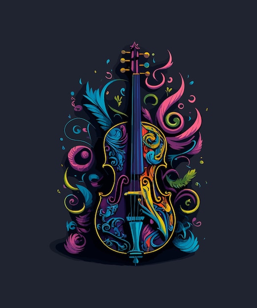 Violon Coloré Avec Un Motif Floral Sur Fond Noir.