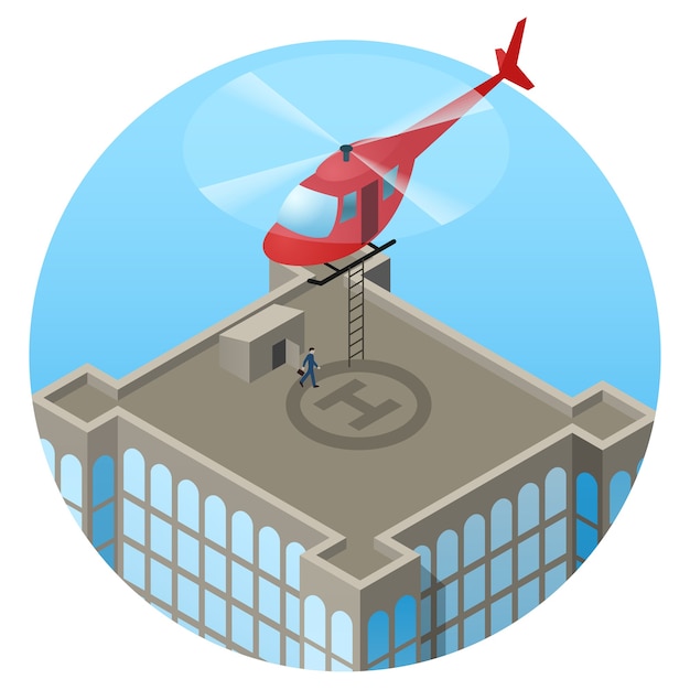 Vecteur vip, hélicoptère rouge pour atterrir sur le toit d'un gratte-ciel