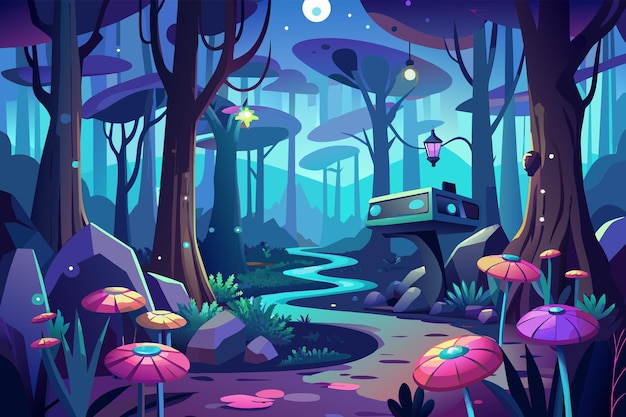 Vecteur virtual reality mockup of a mystical forest