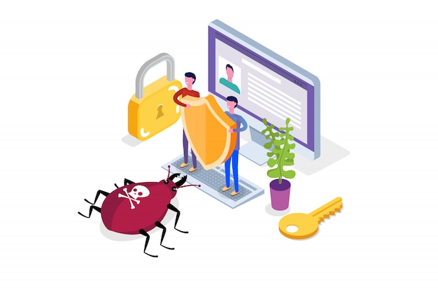 Virus informatique, concept isométrique de protection des données, données réseau, sécurité Internet, transaction bancaire sécurisée.