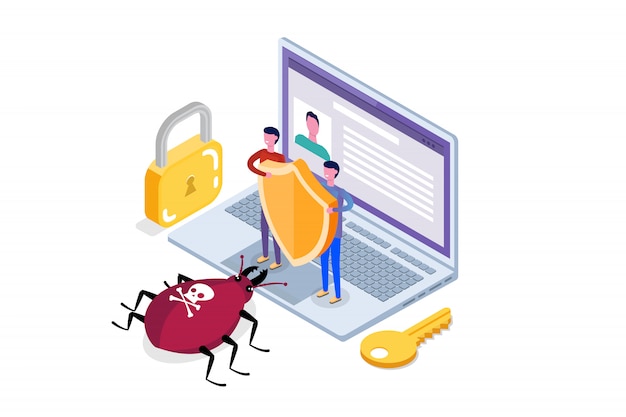 Virus informatique, concept isométrique de protection des données, données réseau, sécurité Internet, transaction bancaire sécurisée.