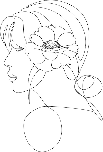 Vecteur visage abstrait avec des fleurs par une ligne de dessin vectoriel portrait style minimaliste