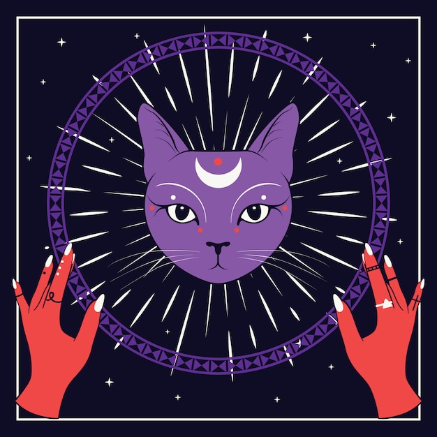 Vecteur visage de chat violet avec la lune sur le ciel nocturne avec cadre rond ornemental.