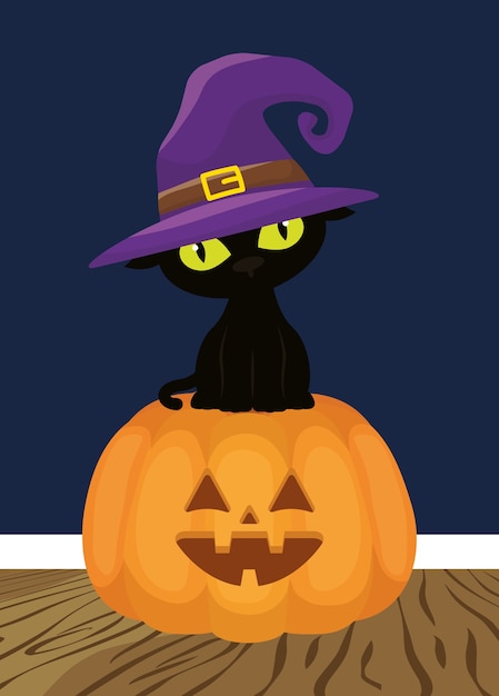 Visage De Citrouille D'halloween Avec Un Chat Noir Portant Un Chapeau De Sorcière