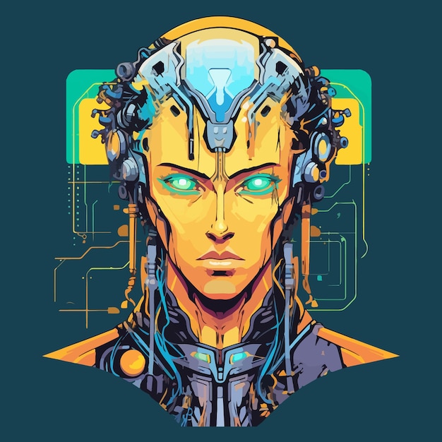 Le visage du personnage dans un design d'autocollant d'illustration cyberpunk de style virtuel futuriste