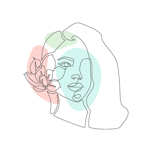 Vecteur visage de femme avec fleur en une ligne continue dessin portrait féminin abstrait dans un style linéaire simple avec magnolia illustration vectorielle avec des couleurs de printemps forme libre pour le logo et l'art mural