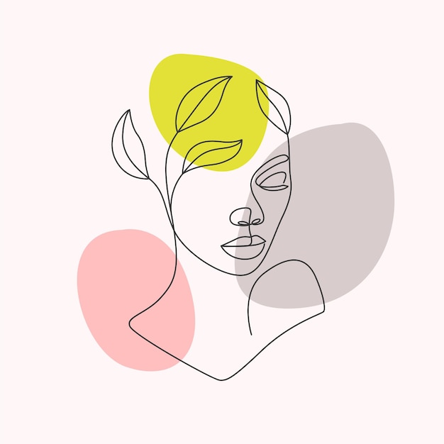 Vecteur visage de femme et fleurs dans un style d'art en ligne minimal