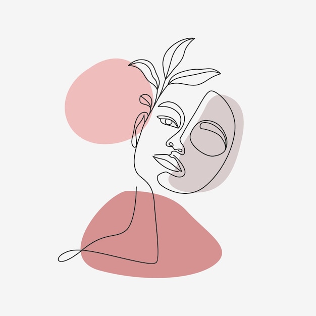 Vecteur visage de femme et fleurs dans un style d'art en ligne minimal