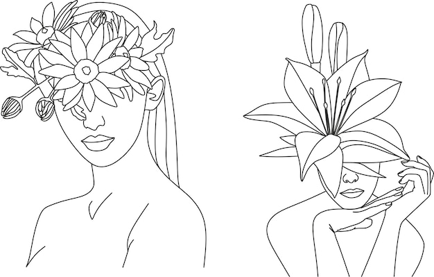 Vecteur visage de femme avec des fleurs dessin au trait. logo de beauté féminine élégante