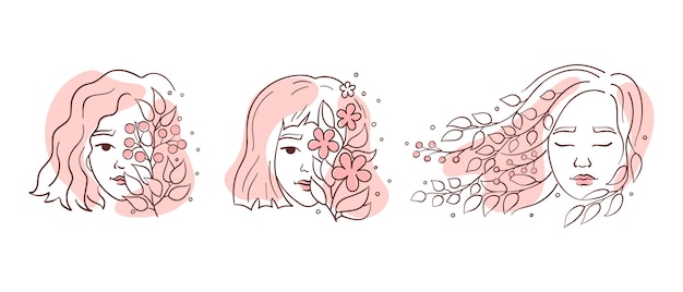 Vecteur visage de femme moderne avec des éléments floraux dans le dessin en ligne