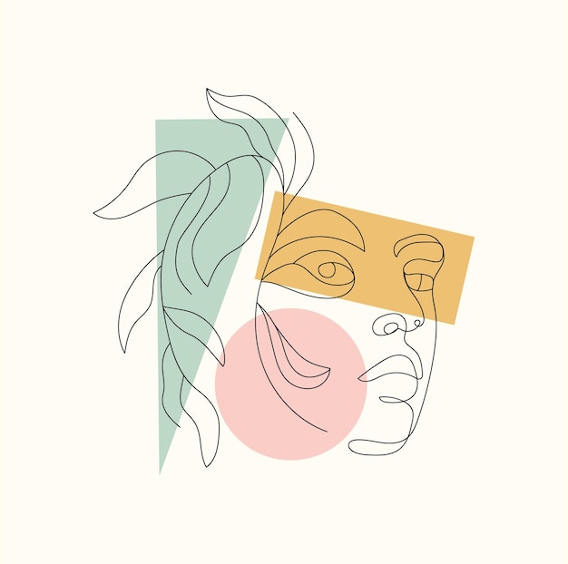 Visage de femme style d'une ligne Visage avec fleur Concept de dessin à la main Arrière-plan de la figure géométrique abstraite Dessin au trait Conception d'illustrations vectorielles