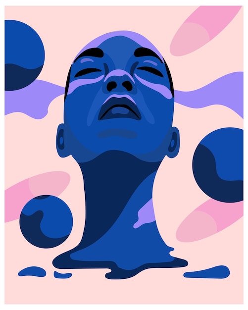 Visage de fille illustration abstraite dans l'espace et les planètes couleurs bluepink Poster