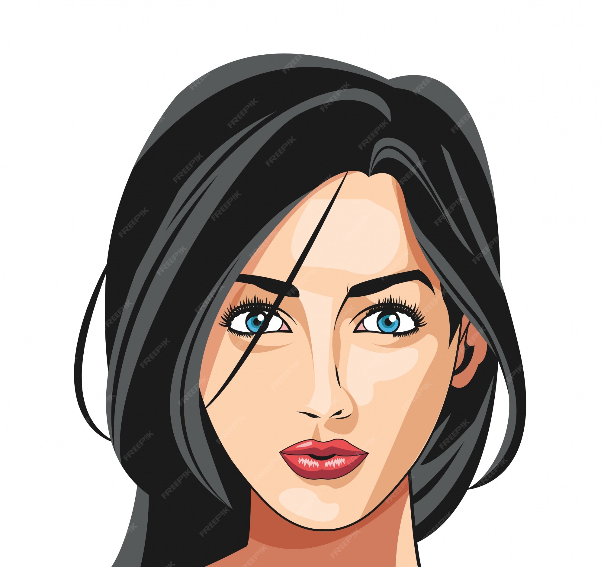 Visage Fille Yeux Bleus Cheveux Noirs Longtemps Attrayant Vecteur Premium