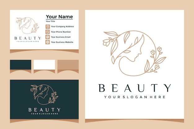 Vecteur visage de fleur de dame fantaisie avec logo de style art en ligne et carte de visite. pour salons de beauté, massages, spas et cosmétiques