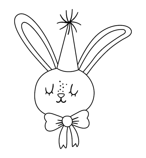 Vecteur visage de lièvre noir et blanc mignon de vecteur dans le chapeau de fête. avatar d'animal de contour d'anniversaire. illustration drôle de tête de lapin pour les enfants. icône de ligne lapin célébration