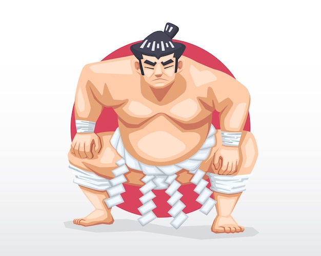 Visage Sérieux Sumo Debout En Position Accroupie Avec Cercle Rouge Comme Illustration De Fond
