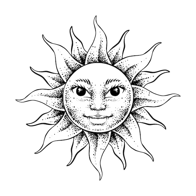 Vecteur visage soleil, vecteur, main, dessiné, illustration