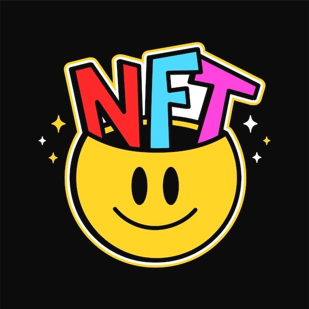 Vecteur visage de sourire drôle avec citation nft à l'intérieur illustration de personnage de dessin animé de style doodle dessinés à la main de vecteur trippy sourire visage impression d'art nft pour tshirtpostercardpatch logo concept