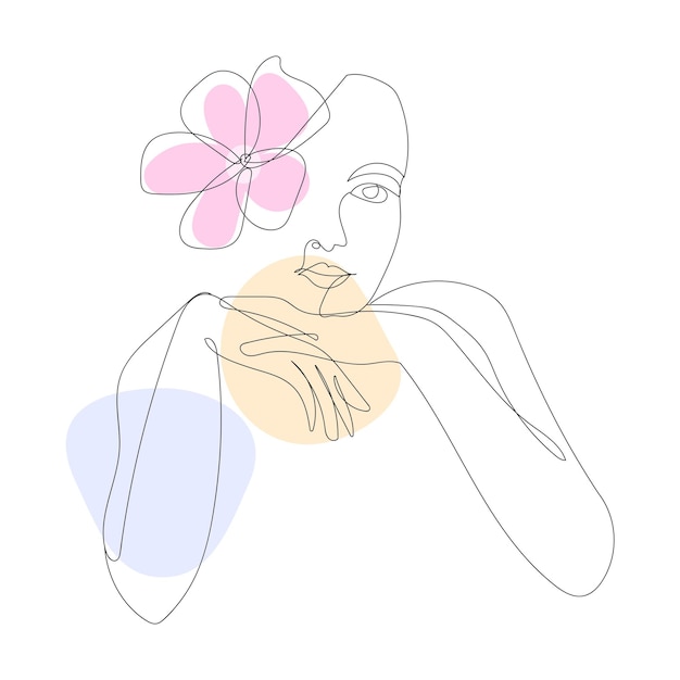 Vecteur visage stylisé femme avec fleur une ligne se détendre