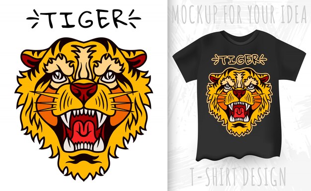 Visage De Tigre Et T-shirt De Style Monochrome Vintage