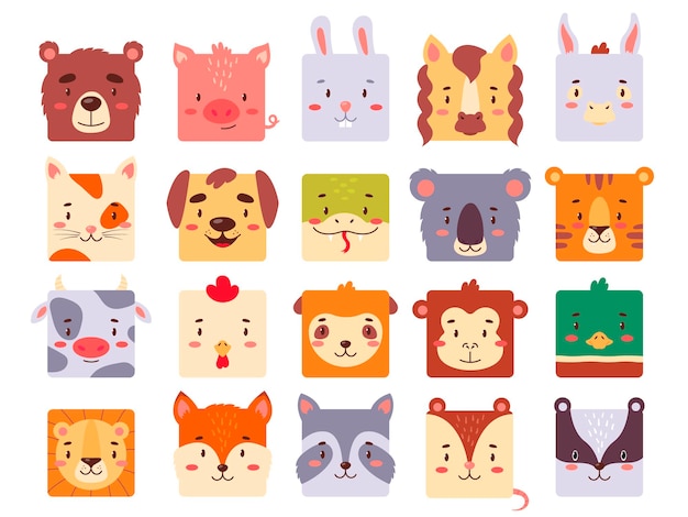 Vecteur visages d'animaux carrés définis pour l'interface utilisateur ou l'application mobile collection d'avatars kawaii mignons pour les icônes de tête simples de jeu d'enfants en illustration vectorielle plane de couleur vive isolée sur fond blanc