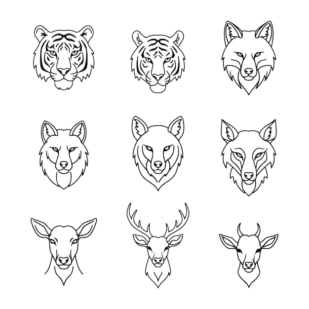 Des visages d'animaux mignons. Des dessins vectoriels avec des chats, des chiens, des tigres, des lions, des loups et des cerfs.