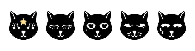 Vecteur visages de chats abstraits. chaton noir magique, animaux occultes avec divers yeux vector set