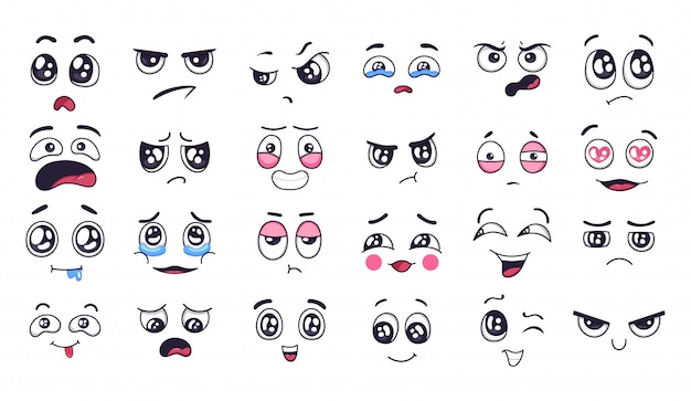 Visages de dessin animé drôle. Expressions faciales, humeur heureuse et triste. Rire au visage en larmes, bouche souriante et yeux qui pleurent. Ensemble d'illustration de différentes humeurs de Doodle. Émotions positives et négatives