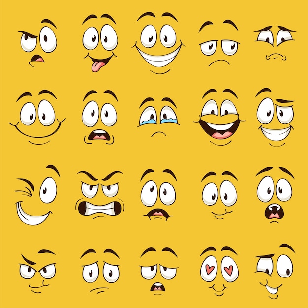 Visages de dessin animé. Expressions de visage drôle, émotions de caricature. Personnage mignon avec différents yeux et bouche expressifs, collection d'émoticônes de langue heureuse