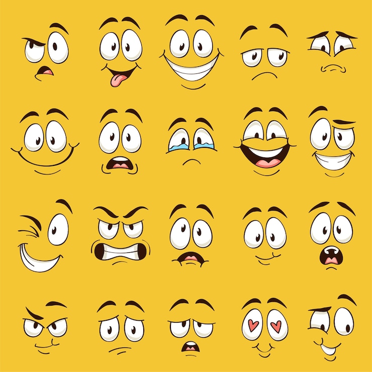 Vecteur visages de dessin animé. expressions de visage drôle, émotions de caricature. personnage mignon avec différents yeux et bouche expressifs, collection d'émoticônes de langue heureuse