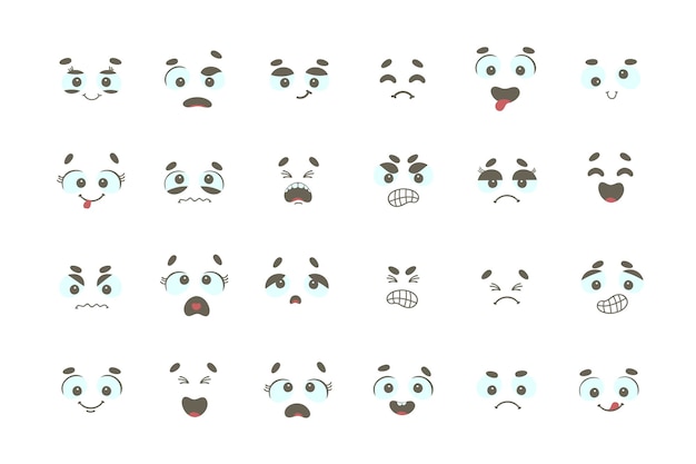 Visages De Dessin Animé Yeux Et Bouche Expressifs Souriant Pleurant Et Expressions De Visage De Personnage Surpris Caricature émotions Comiques Ou émoticône Doodle Ensemble D'icônes D'illustration Vectorielle Isolée