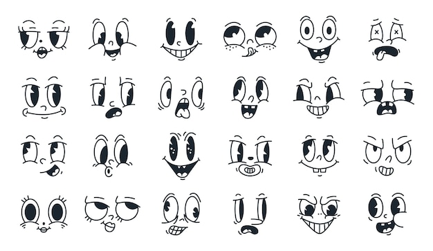 Visages Drôles Comiques Caricature Rétro Personnages Emoji Dessin Animé Doodle Fait Face à Des Illustrations Vectorielles Plates