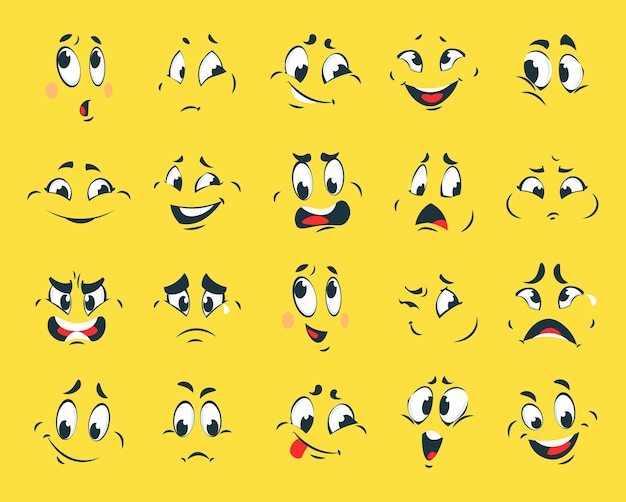 Visages drôles Expressions d'émotion de dessin animé Émoticônes avec contour des yeux ou des sourcils et de la bouche Caricatures faciales sur fond jaune Ensemble de vecteurs de modèles d'avatars ou d'autocollants