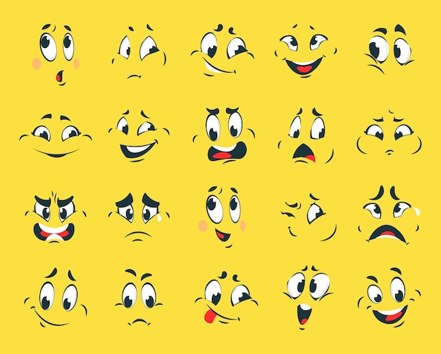 Vecteur visages drôles expressions d'émotion de dessin animé émoticônes avec contour des yeux ou des sourcils et de la bouche caricatures faciales sur fond jaune ensemble de vecteurs de modèles d'avatars ou d'autocollants