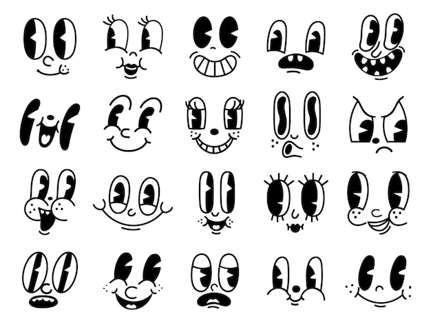 Visages drôles de personnages de mascotte de dessin animé rétro des années 30. Éléments d'animation des yeux et de la bouche des années 50, 60. Sourire comique vintage pour jeu de vecteurs de logo. Caricatures souriantes avec des émotions heureuses et joyeuses