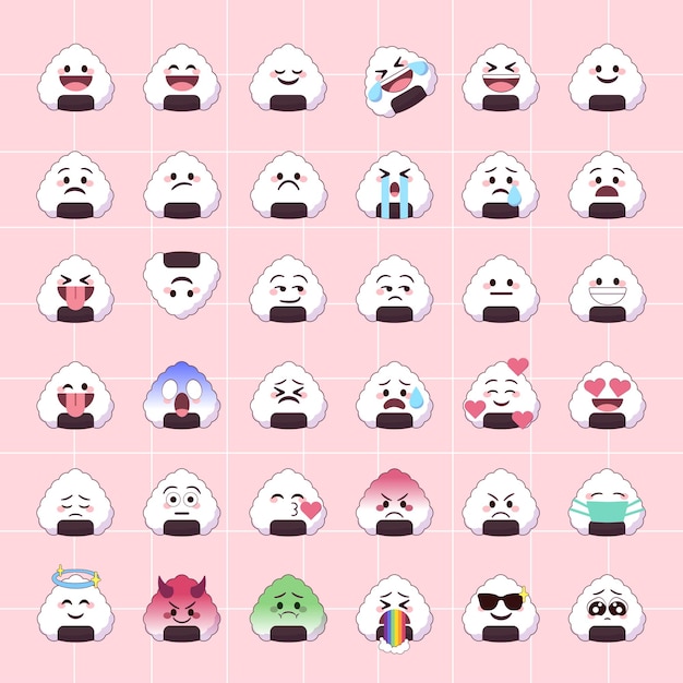 Visages D'emoji Boule De Riz Onigiri Kawaii Avec Des Expressions Mignonnes Pour Les Médias Sociaux